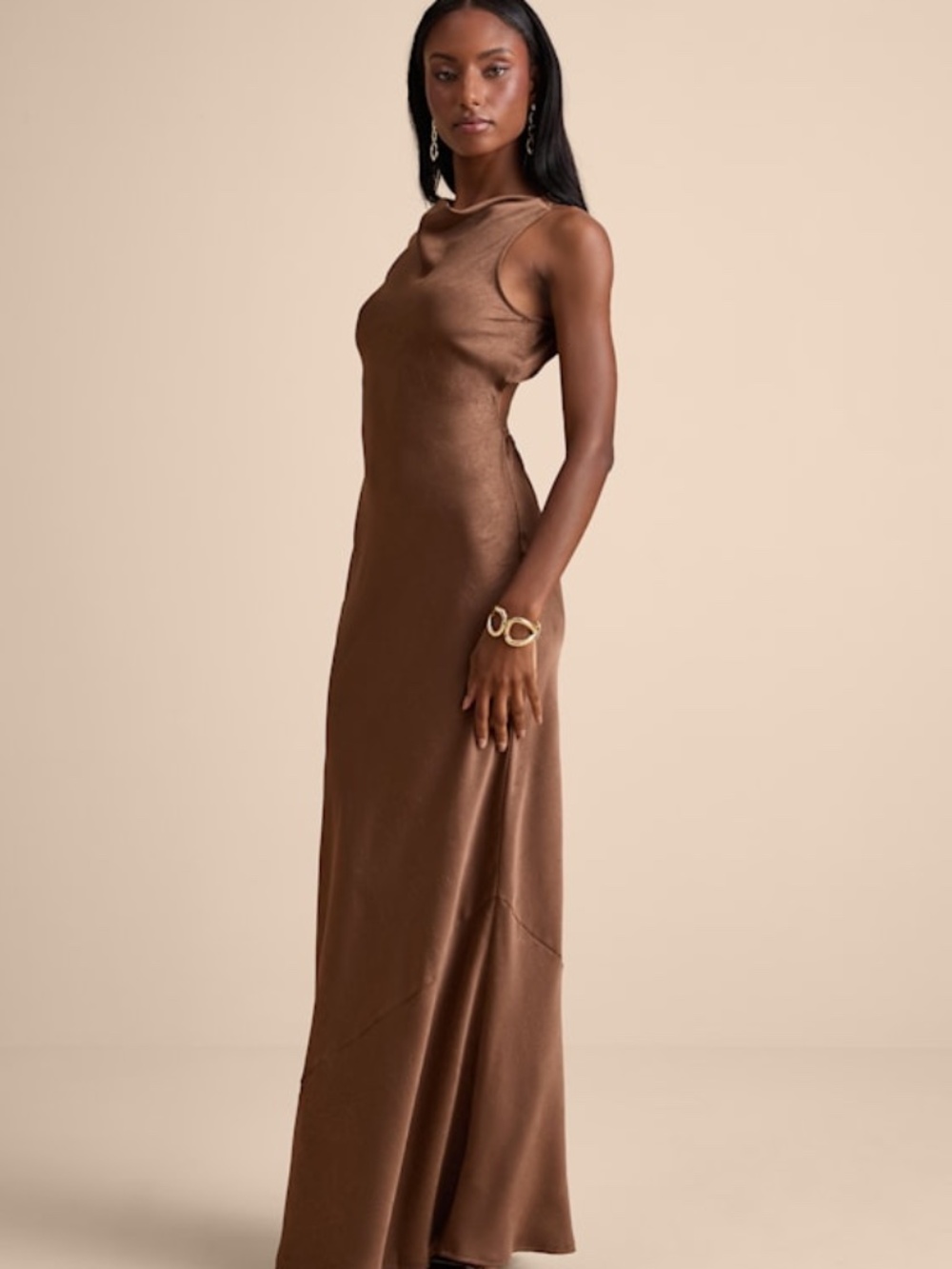 Lulus Alisha Brown Crinkle Satin Backless Maxi Dress - Size L - Picture 1 of 1